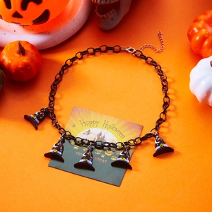 Detail of Halloween witch hat charms on black chain with adjustable lobster clasp