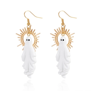 Retro Halloween witte spook oorhangers met gouden zonnestraal halo voor dames