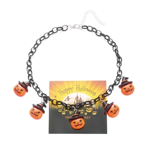 Halloween necklace with five pumpkin charms and wizard hats on a black chain display