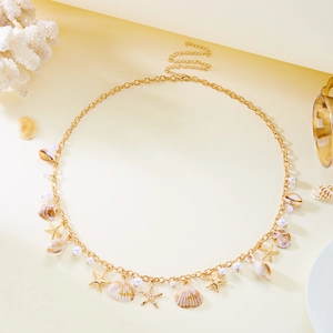 Bohemian gold waist chain with sea shells, starfish charms and white pearls for summer beach