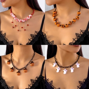 Halloween Party Pumpkin Ghost Bat Pendant Necklace Gothic Blood Splatter Bead Choker For Women Funny Festival Jewelry