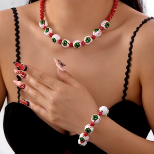 Conjunto de collar y pulsera de Halloween con cuentas de globos oculares ensangrentados