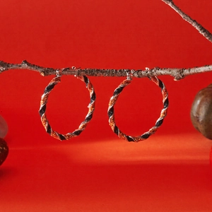 Detail of orange and black spiral hoop earrings hanging on a rustic wooden branch
