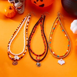 Halloween Geest Pompoen Kat Gelaagde Kralen Ketting Legering Hanger Glas Kraal Sleutelbeen Ketting Feest Sieraden Voor Vrouwen