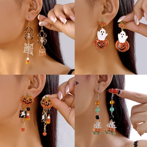 Halloween oorbellen set met pompoen, spinnenweb en parel kwastjes in 2x2 weergave