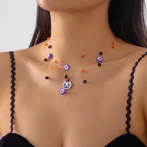 Alloy Halloween Layered Necklace For Women Ghost Cat Face Pendant Festive Purple Orange Black Bead Costume Party Jewelry Gift
