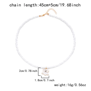 Detail of beaded ghost necklace with gold extension chain and sizing measurements