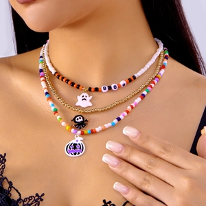 Halloween layered beaded necklace with ghost pumpkin pendants and colorful seed beads