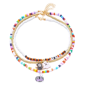 Three-layer Halloween beaded necklace with ghost pumpkin pendants and BOOO letter beads