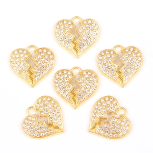 Lot de 6 breloques cœur brisé dorées avec cristaux pavés pour bijoux DIY
