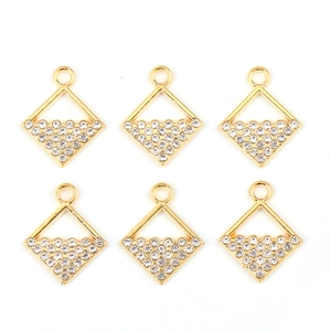 Lot de six pendentifs losanges dorés avec strass blancs brillants pour création de bijoux