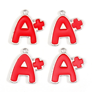 Set of four red enamel A+ letter charms in silver finish for DIY jewelry crafts