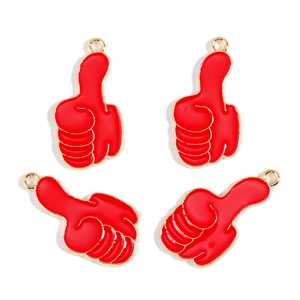 Detail of red enamel thumbs-up charms with gold-plated alloy frames for DIY jewelry crafts