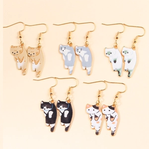 Cute Alloy Enamel Cartoon Cat Drop Earrings For Women Sweet Animal Drip Oil Kitten Hook Earrings Daily Jewelry Gift