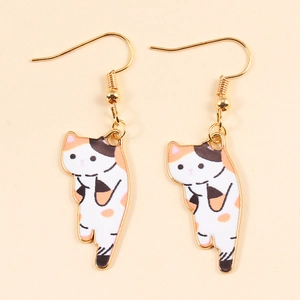 Cute calico cat drop earrings with gold hooks and colorful enamel cat pattern