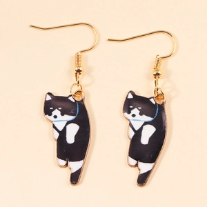 Cute black and white cat drop earrings with gold hooks and blue collar accents