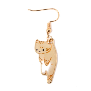 Cute orange cartoon cat dangle earrings with gold hooks and enamel details