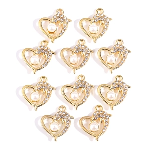 Lot de 10 pendentifs dauphin en cœur dorés avec perles et strass pour bijoux DIY