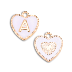 Gouden hartvormige hanger met letter A en wit emaille voor DIY sieraden ontwerpen