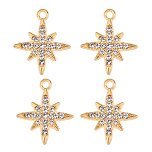Vue détaillée de quatre pendentifs étoiles à huit branches dorés avec strass brillants