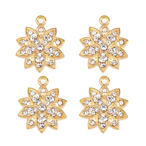 Lot de quatre pendentifs fleur dorés avec strass brillants pour création de bijoux DIY