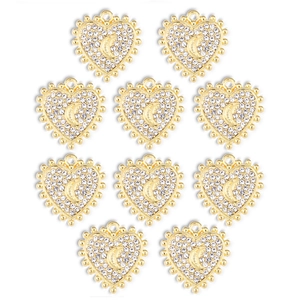 Detalle de 10 colgantes de corazón dorados con cristales y luna creciente para joyas DIY