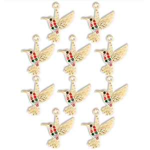 Set de 10 dijes de colibrí dorados con diamantes de imitación para hacer joyas DIY