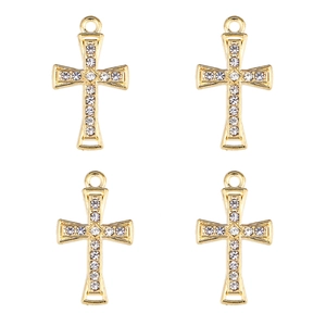 Lot de quatre pendentifs croix dorés avec strass blancs étincelants et anneaux