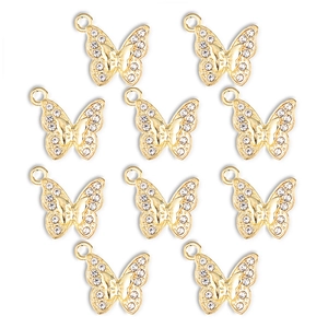 Detalle de colgantes de mariposa dorados con diamantes de imitación y aros para bisutería