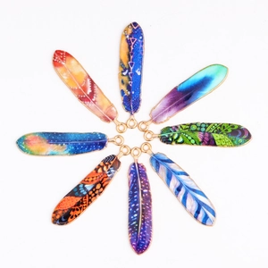 Set of 8 bohemian alloy feather pendants with colorful enamel patterns and gold loops