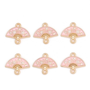 Pendentifs éventail en émail rose avec bord doré et motifs de fleurs pour bijoux DIY