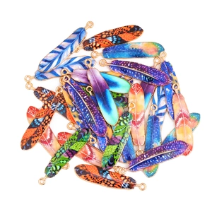 Colorful feather alloy pendants with enamel drip finish and dual rings for DIY jewelry