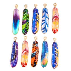 Alloy Enamel Colorful Feather Charms Bohemian Printed Pendants For DIY Necklace Earring Bracelet Jewelry Making Components