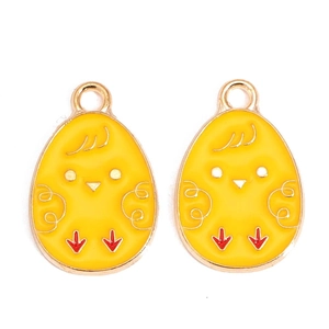 Pair of yellow enamel chicken Easter egg pendants with gold-plated loops for DIY jewelry