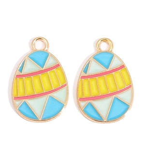 Detail of blue and yellow enamel Easter egg pendants with gold-plated alloy loops