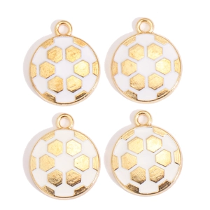 Set mit vier weiß-goldenen Emaille-Fußballanhängern für DIY-Schmuck und Schlüsselanhänger