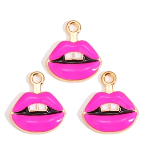 Drie creatieve roze lipbedeltjes van legering met witte tanden en emaille afwerking