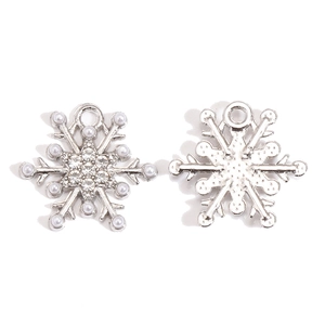 Detailed view of silver snowflake pendants with white faux pearls and rhinestones for DIY