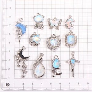 Y2K style silver alloy DIY charms with opal and zircon for necklaces and bracelets