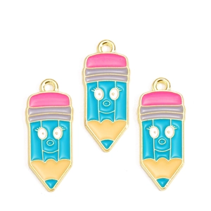 Detailed view of three cute cartoon pencil alloy charms with smiling faces for DIY jewelry