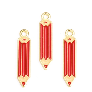 Macro shot of three red enamel pencil charms with gold trim and top hanging loops