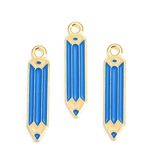 Close-up of blue pencil enamel pendants with golden metal edges for DIY jewelry making
