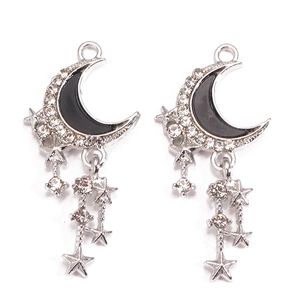 Y2K moon star charms with zircon fringe tassels for DIY jewelry making in silver