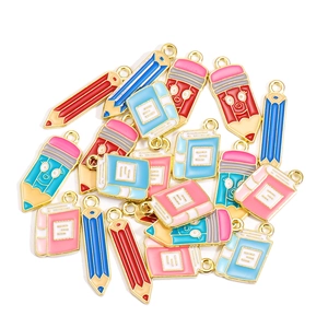 Cute cartoon pencil and book alloy enamel pendants for DIY earrings and jewelry making