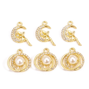Fashion Alloy Moon Fairy Rhinestone Artificial Pearl Pendants DIY Jewelry Making Findings For Necklace Earring Gold Plated Charms