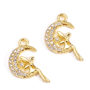 Gold moon fairy pendant with sparkling rhinestones for DIY necklace and earring making