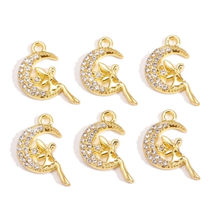 Set of 6 gold alloy moon fairy pendants with crystals and pearls for DIY jewelry making