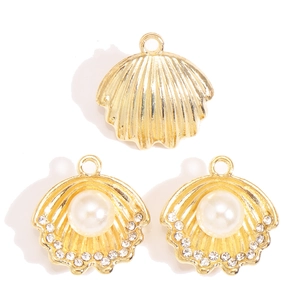 Golden alloy shell pendants with white faux pearls and rhinestones for DIY jewelry making
