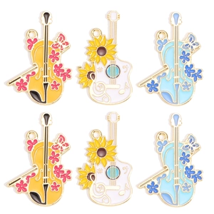 Alloy Enamel Musical Instrument Pendant Guitar Cello Sunflower Floral Charm DIY Jewelry Making Accessory Keychain Material