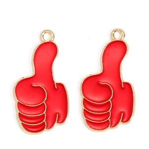 Detail of red enamel thumb-up charms with gold metallic edges and hanging loops